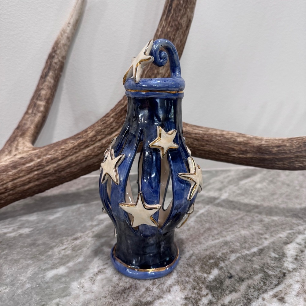 Heather Goldminc Blue Ceramic Star Luminary Candle Holder Gold Trim rare find